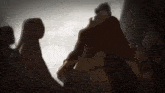 a group of people are standing next to each other in a dark room in a cartoon .