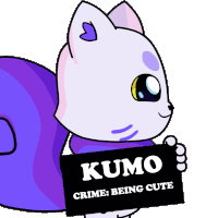 a purple squirrel holding a sign that says kumo crime being cute