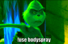 a green cartoon character is holding a spray bottle and says " use bodyspray "