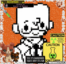 a pixel art of a dog and a caution sign
