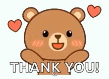 a teddy bear is saying thank you with two hearts around it .