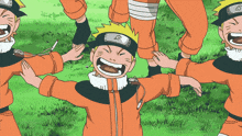 a group of cartoon characters are laughing and one of them has the letter g on his head