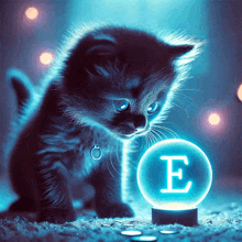a kitten is looking at a glowing letter e in a crystal ball