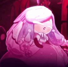 a cartoon character with purple hair and a white cape has the letter c in her mouth