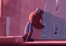 a cartoon character is standing in front of a pink wall holding a cane .