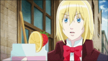 a blonde girl with blue eyes and a red bow tie stands in front of a window