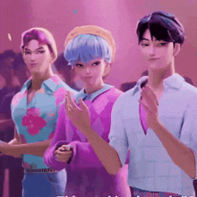 three cartoon characters standing next to each other with one wearing a purple shirt