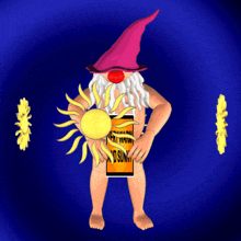 a naked gnome is holding a sun and a sign that says national midnight sun