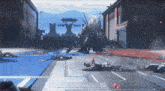 a video game scene with a giant robot standing in the middle of a battle