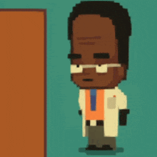 a pixel art illustration of a man holding a gun
