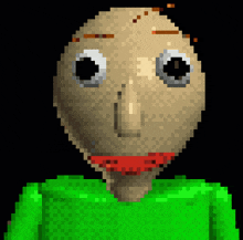 a pixel art of a bald man with a green shirt and red lips