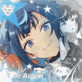 a picture of a girl with purple eyes and the name su de aspen