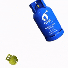 a blue bottle of gas is being filled with a green cylinder .