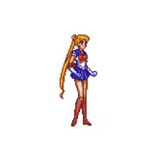 a pixel art of a girl in a sailor moon costume surrounded by horseshoes .