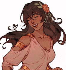 a drawing of a woman with a flower in her hair and a heart on her arm