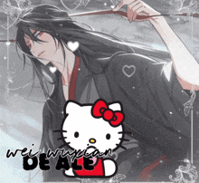 a drawing of a man with long hair and a hello kitty on the bottom