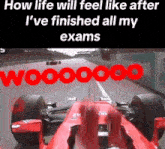 a picture of a race car with the words " how life will feel like after i 've finished all my exams " above it