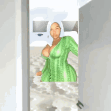 a woman in a green dress is standing on a grassy hill .