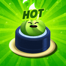 a green object with a face on it and the word hot behind it