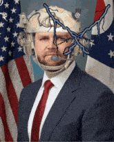 a man in a suit and tie is wearing a helmet with a microphone on it