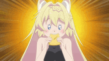 a girl with a cat ear on her head is eating a piece of food