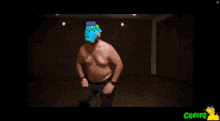 a man without a shirt is dancing in a dark room with the words creepz below him
