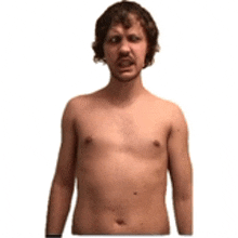 a shirtless man with a beard is making a funny face .