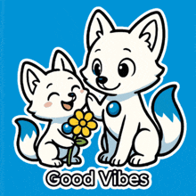 a cartoon of two foxes with the words good vibes written below them
