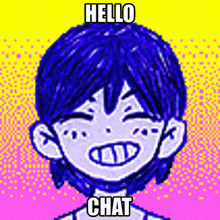 a pixel art drawing of a boy with blue hair and the words hello chat on the bottom