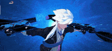 a person with white hair is holding a gun in front of a blue background