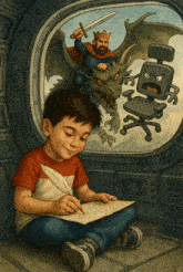 a boy is writing on a piece of paper in front of a window with a dragon and a robot in the background