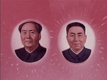 two portraits of men on a pink background one of which is mao zedong