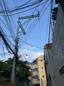 a bunch of wires are hanging from a pole with a sign that says " no parking "