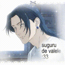 a drawing of a man with blue hair and the name suguru de valele 33
