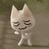 a white cat with a mustache and a smile on its face is walking down a road .