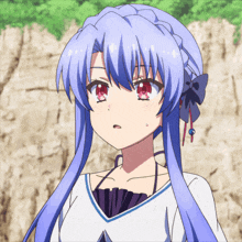 a girl with long blue hair and red eyes is wearing a white shirt