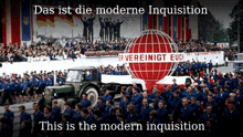 a large group of people are marching in front of a large globe that says " er vereinigt euc "