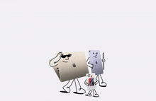 a cartoon of a man holding an apple laptop and a cartoon of a man holding an apple ipad