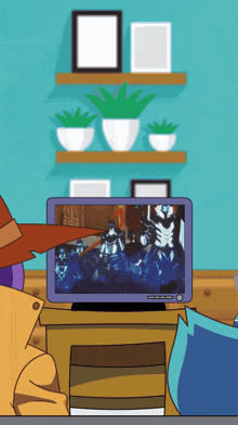 a cartoon of a man watching a video on a tv