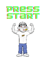 a cartoon of a man flexing his muscles with the words press start above him