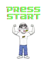 a cartoon of a man flexing his muscles with the words press start above him