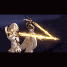 two anime characters are fighting with swords in a dark room .