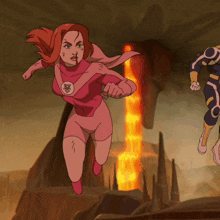 a cartoon of a woman in a pink superhero costume running
