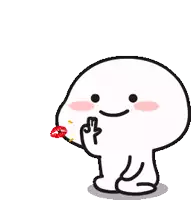 a cartoon character is holding a red flower in his hand and giving a kiss .