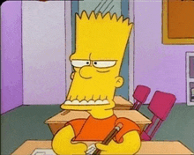 bart simpson is sitting at a desk with a pencil in his hand .