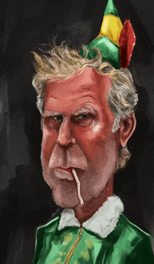 a painting of a man with a cigarette in his mouth and a hat on his head