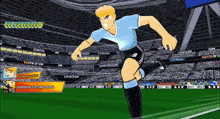 a soccer player with the number 9 on his shorts kicks the ball