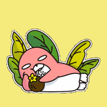 a cartoon of a bird laying down with leaves around it