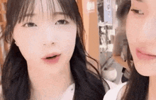 two girls are standing next to each other and smiling .