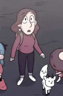 a cartoon of a woman with a backpack standing next to a white dog